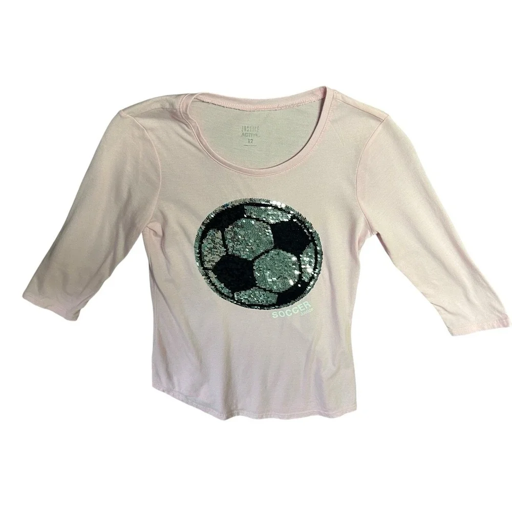 Justice Active T-Shirt Size 12 Light Pink Reversible Sequin Soccer Ball Athletic
